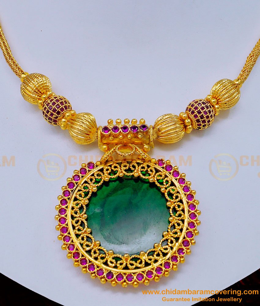 green palakka, palakka mala, palakka necklace, one gram gold palakka necklace, gold plated palakka necklace,