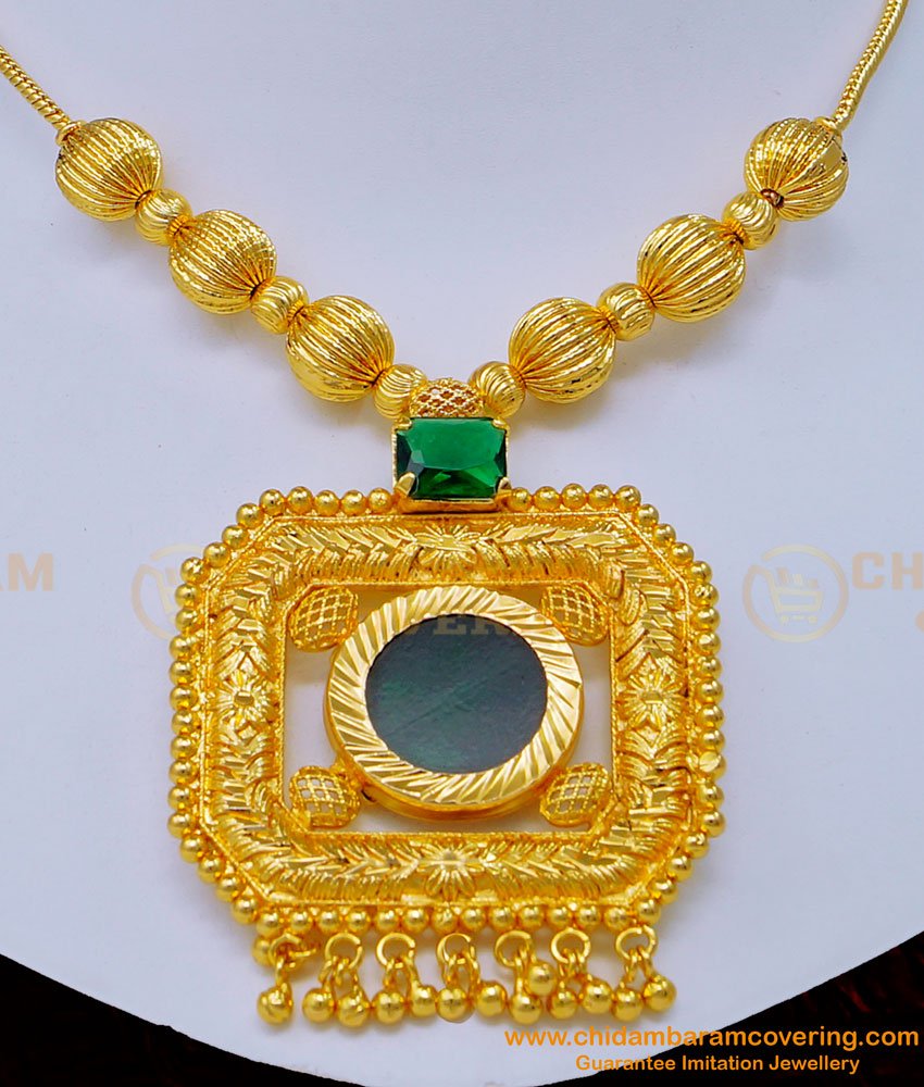 green palakka, palakka mala, palakka necklace, one gram gold palakka necklace, gold plated palakka necklace,