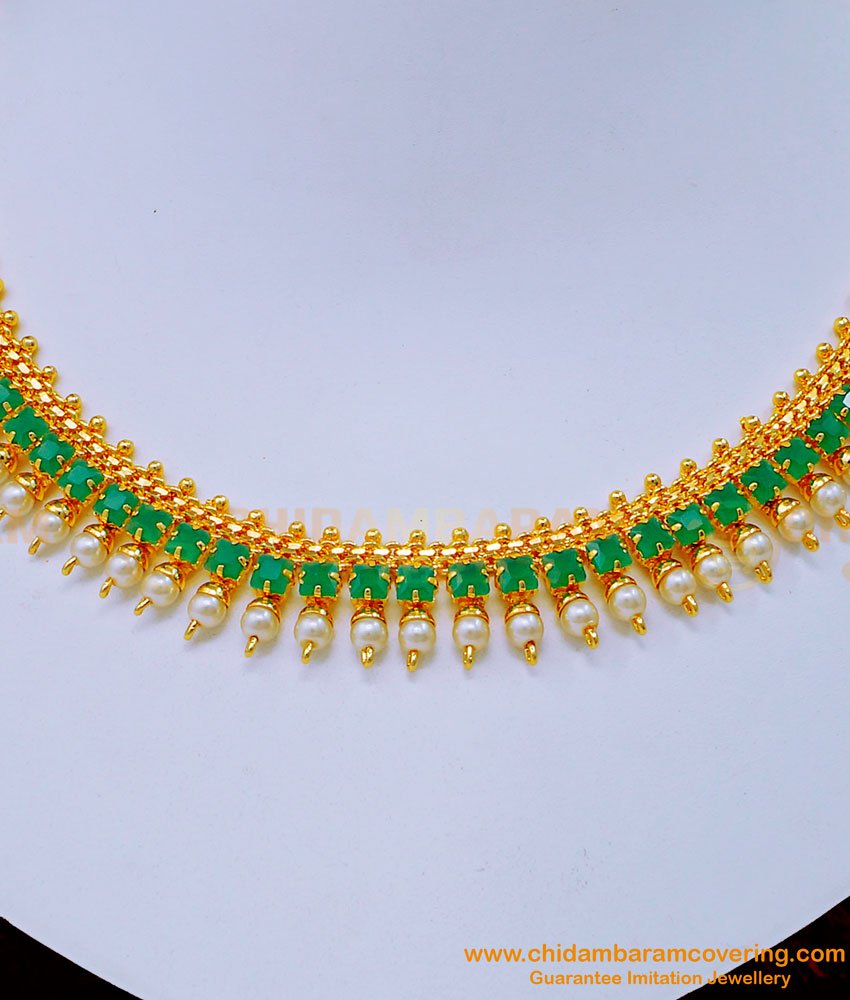 Modern Pearl with Emerald Stone Necklace Designs for Wedding