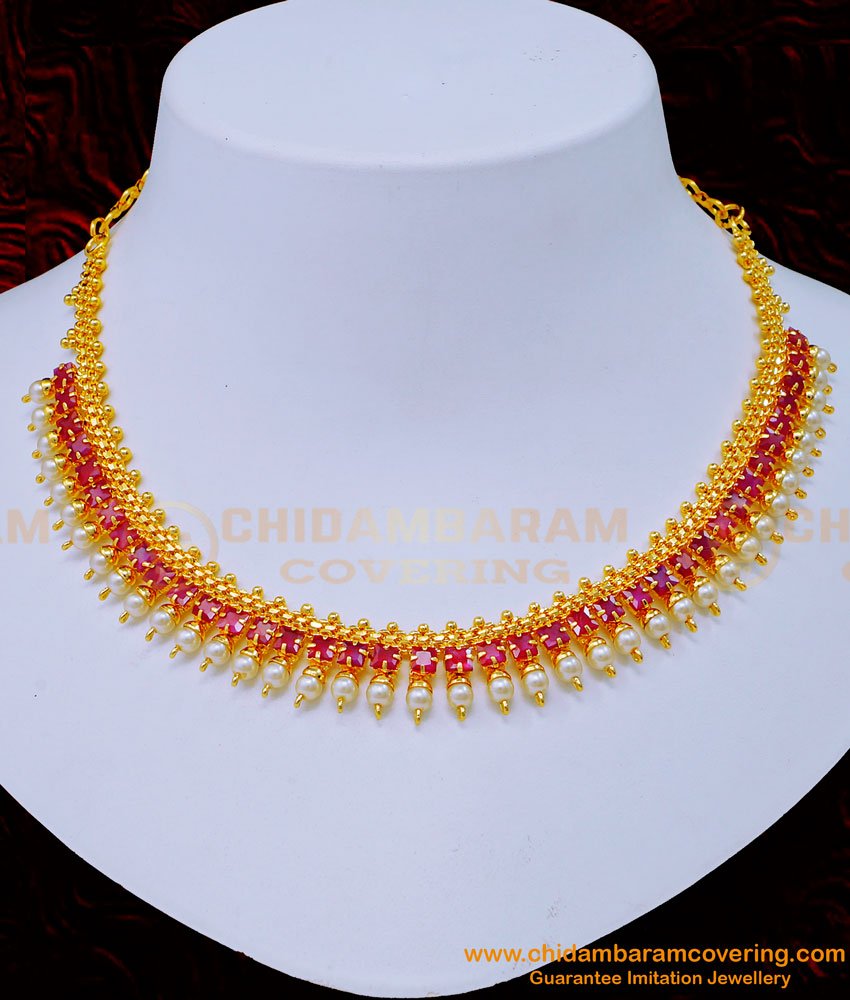 Unique Pearl with Ruby Stone Gold Plated Necklace Designs 