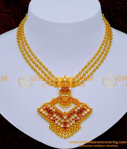 NLC1204 - Traditional 3 Line Gold Necklace Designs with Stone Pendant 