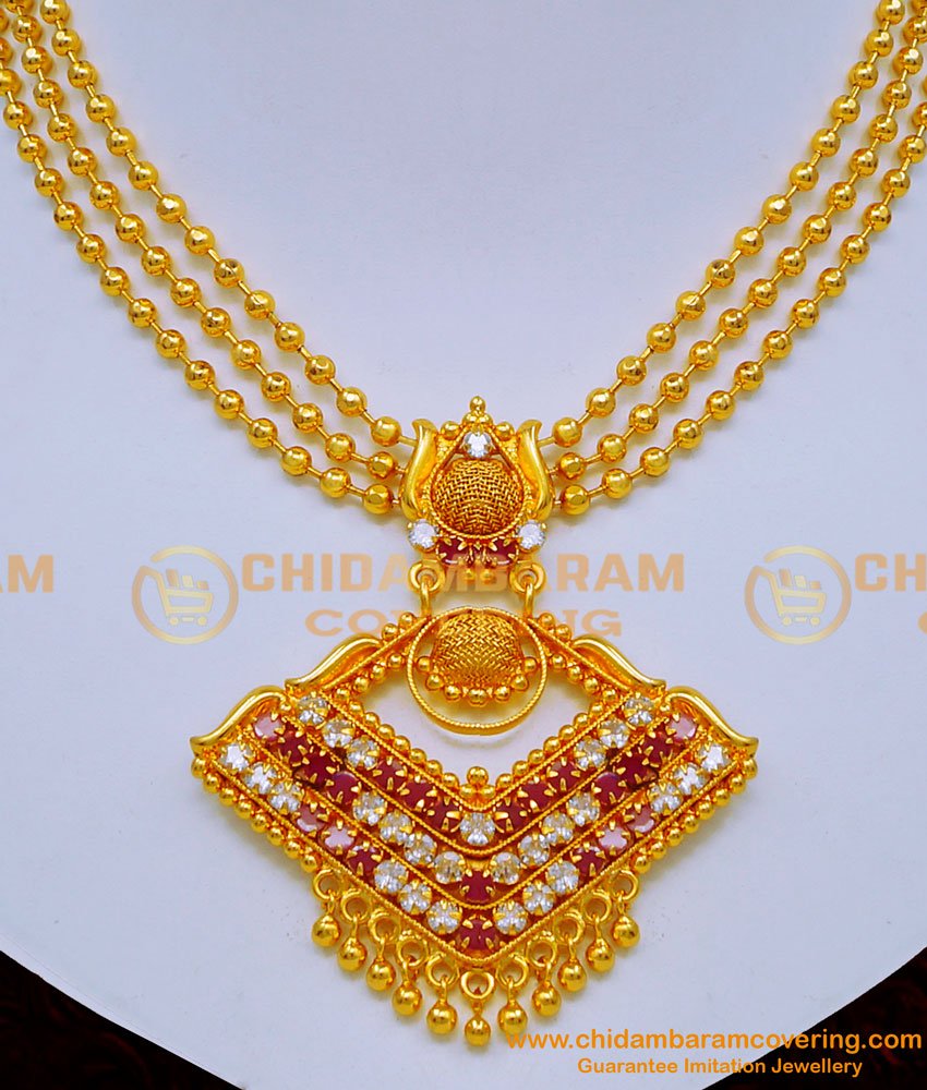 Traditional 3 Line Gold Necklace Designs with Stone Pendant 