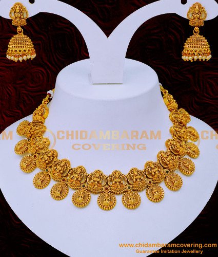 NLC1212 - Lakshmi Necklace with Jhumkas Antique Jewellery Set for Marriage