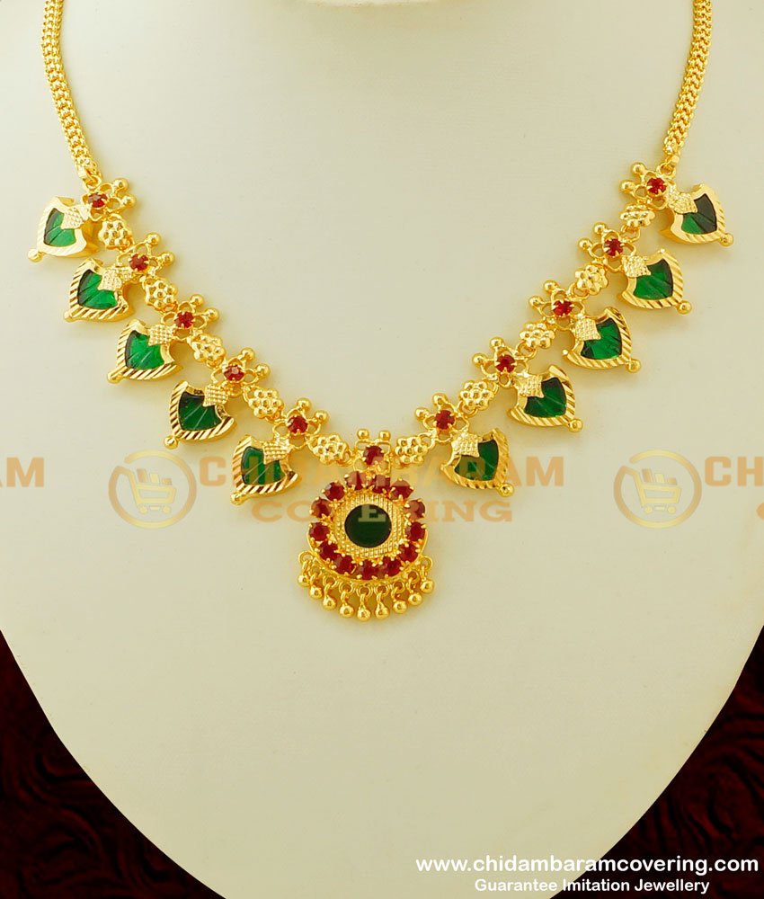 NLC322 - Traditional Gold Green Palakka Necklace Design Kerala Palakka Mala Buy Online 