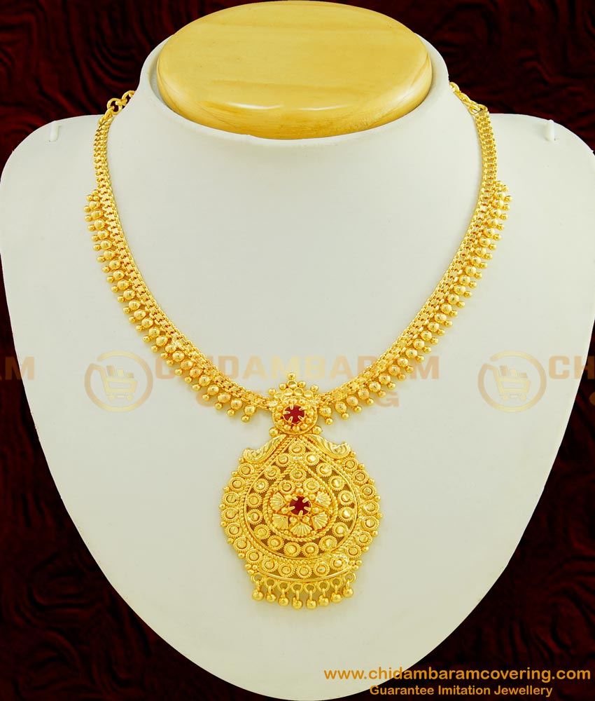 NLC414 - One Gram Gold Plated Semi Precious First Quality Ruby Stone Gold Beads Necklace