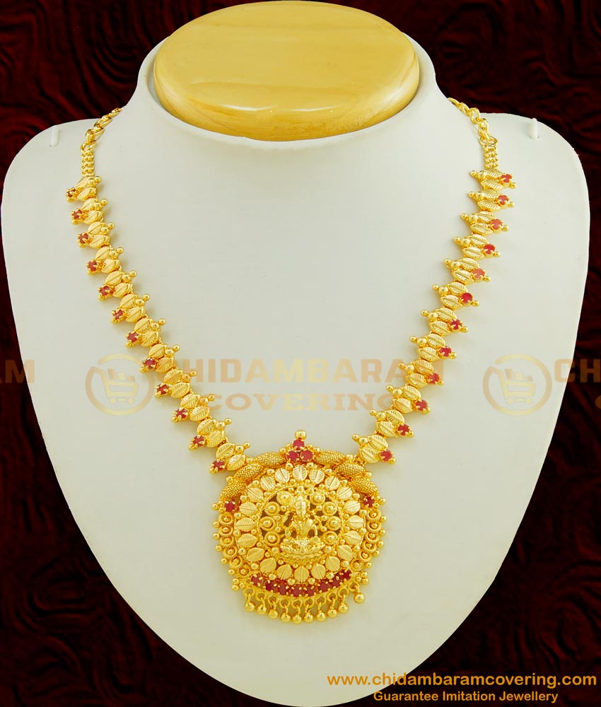 NLC415 - Traditional Lakshmi Design Ruby Stone Marriage Bridal Gold Necklace Design 