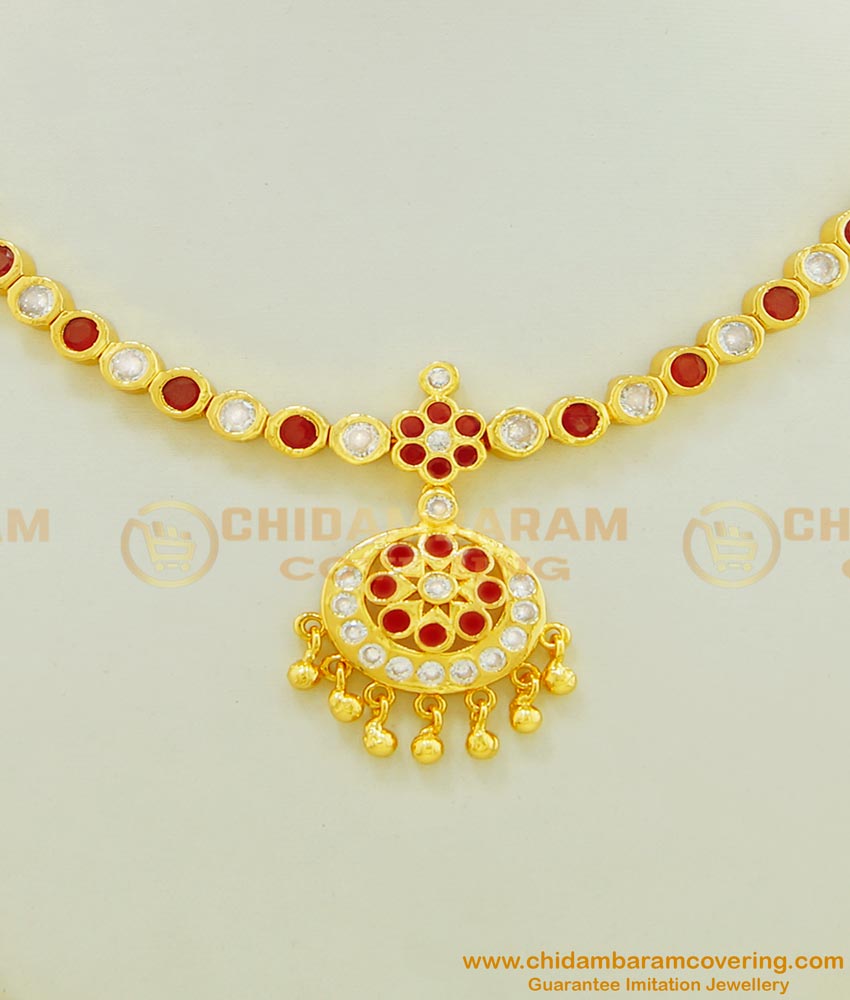 NLC464 - Gold Design Old Model Ruby and White Stones Gold Plated Traditional Attigai Necklace