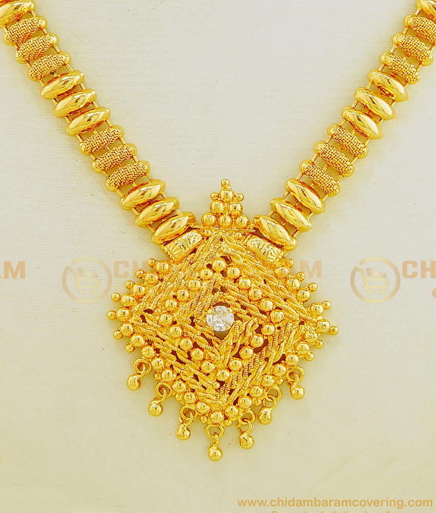 NLC614 - New Kerala Style One Gram Gold Plated Net Pattern Single Stone Necklace 