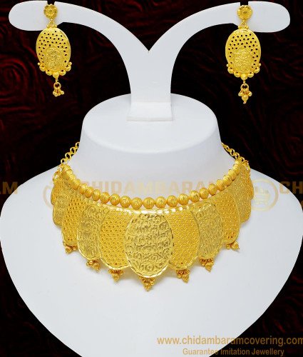 NLC702 - Gold Forming Choker Necklace Light Weight Real Gold Choker Necklace Set for Marriage