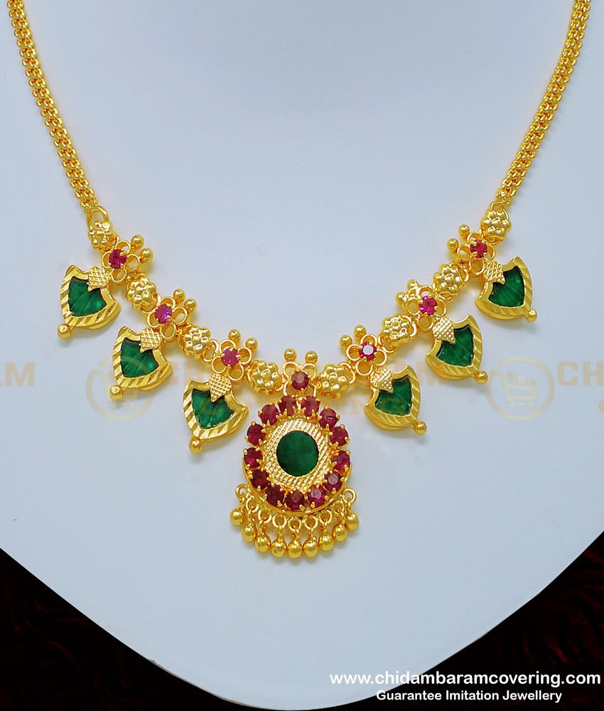 green palakka, palakka mala, palakka necklace,palaka necklace, kerala jewellery, one gram gold jewelry, gold covering, chidambaram covering,  