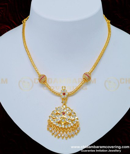 NLC792 - Impon Attigai Jewelry White and Ruby Stone Side Mugappu Balls Attigai for Women 