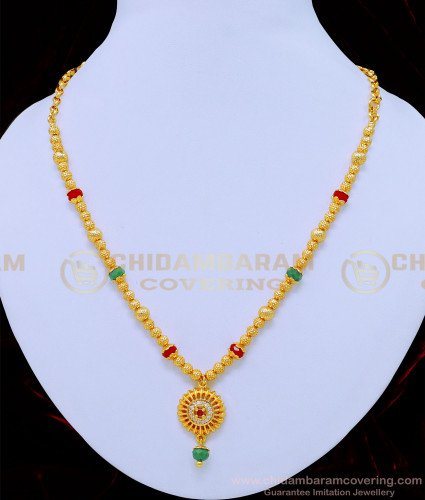 NLC825 - One Gram Gold Green and Red Crystal Balls Necklace for Women 