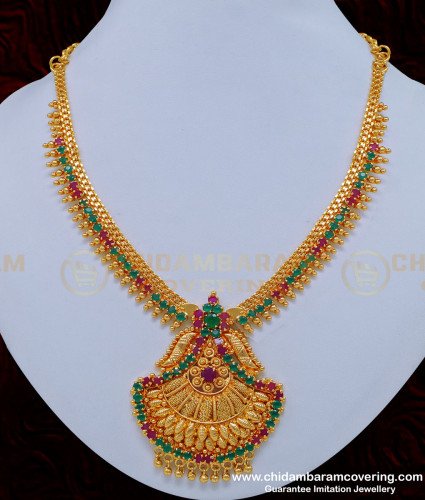 NLC856 - Gold Plated Ruby Emerald Stone Marriage Bridal Gold Necklace Designs 