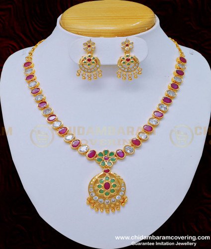 NLC876 - Wedding Gold Necklace Design American Diamond White and Ruby Stone Impon Necklace Set Online