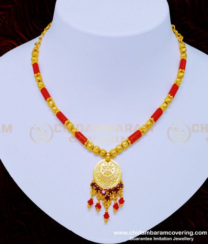 NLC880 - One Gram Gold Red Coral Necklace with Lakshmi Pendant Mangalore Necklace Online