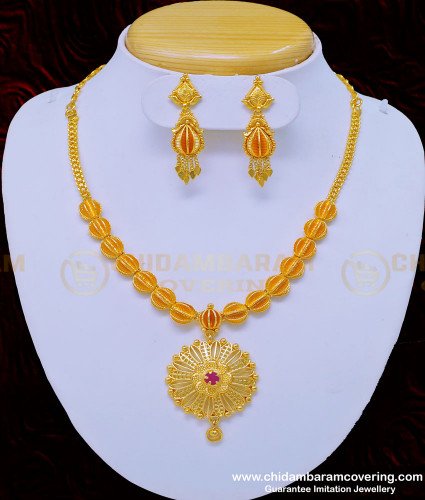 NLC889 - One Gram Gold Guarantee Necklace Flower Pendant Stone Necklace with Earrings Online 