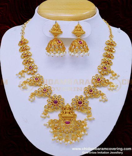 NLC892 - First Quality Uncut Diamond Look Lakshmi Design with Pearl Antique Necklace Set Online 