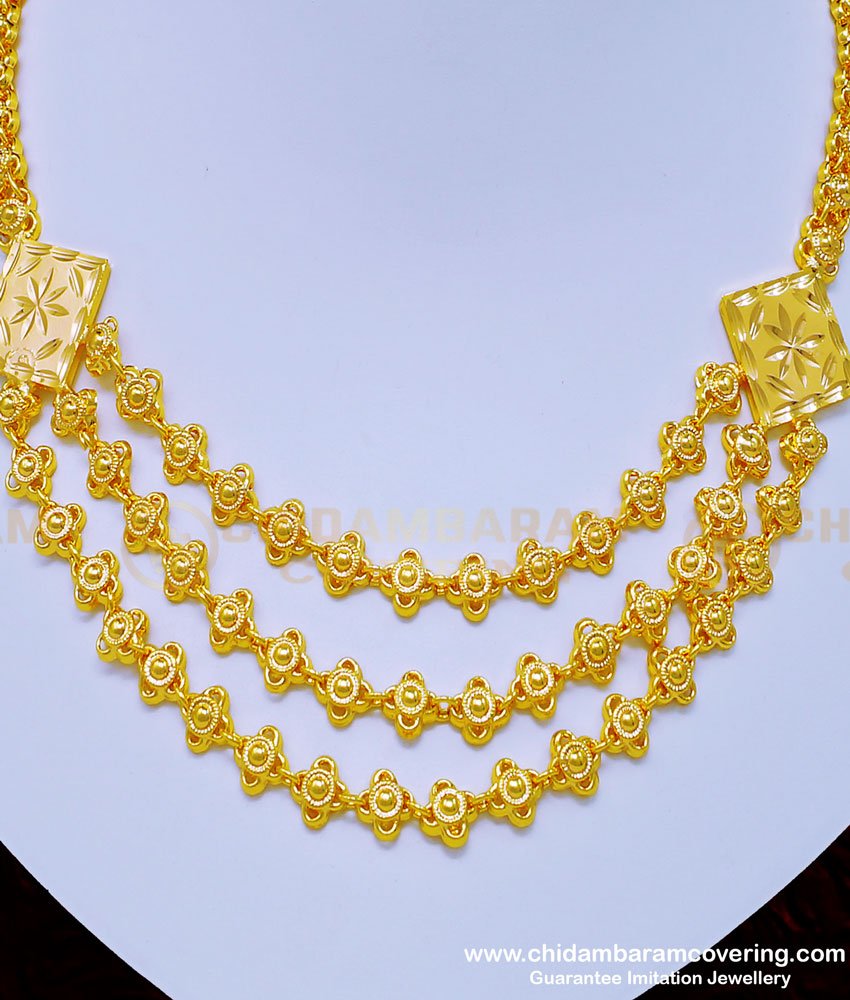 one gram jewellery, 1 gram gold jewellery, one gram gold necklace, layered necklace, layered necklace gold , 3 line necklace, governor malai,