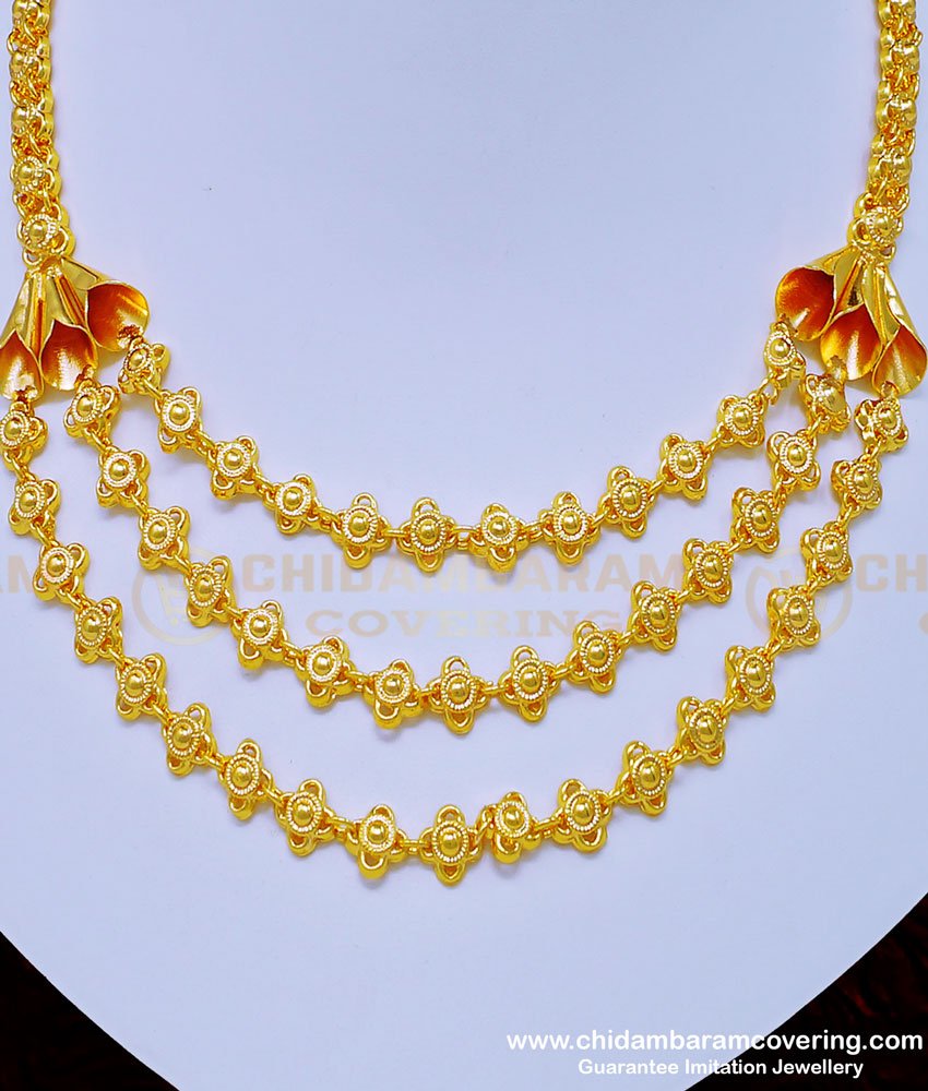 one gram jewellery, 1 gram gold jewellery, one gram gold necklace, layered necklace, layered necklace gold , 3 line necklace, governor malai,