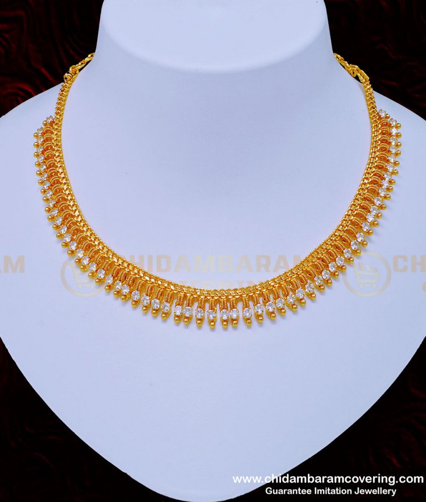 one gram gold jewellery, white stone necklace, gold covering necklace, gold plated necklace, ball necklace, simple necklace,