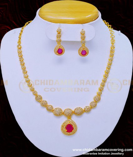 NLC910 - latest diamond look party wear necklace with earrings original gold plated jewellery 