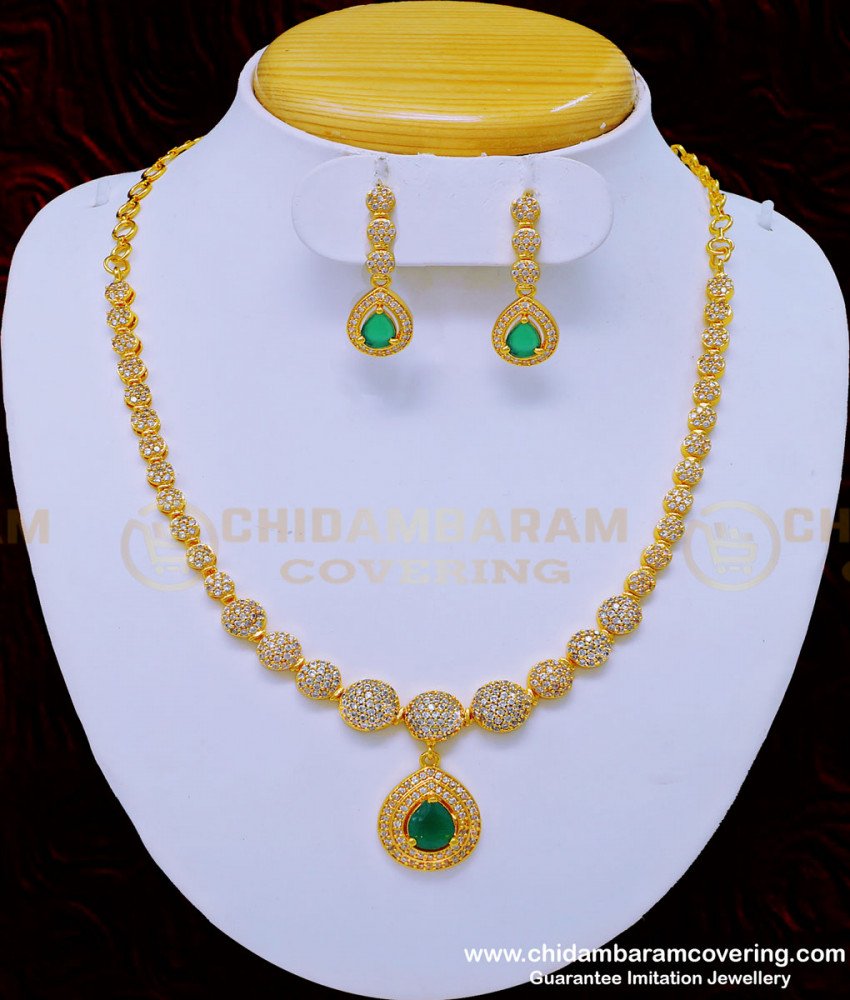 white stone necklace, white stone jewellery, necklace set, necklace with earrings, one gram gold jewellery, gold covering jewellery, cz stone necklace, ad stone necklace,