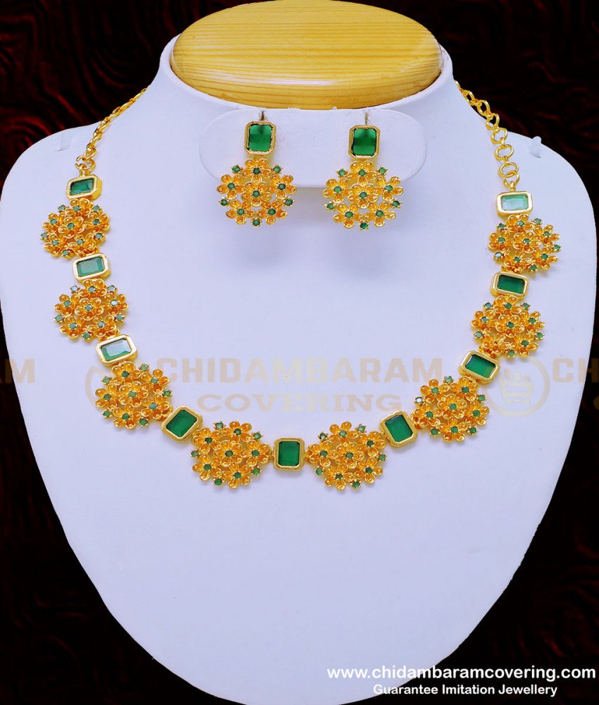 kerala jewelry, necklace, white stone jewellery, necklace set, necklace with earrings, one gram gold jewellery, gold covering jewellery, cz stone necklace, ad stone necklace,