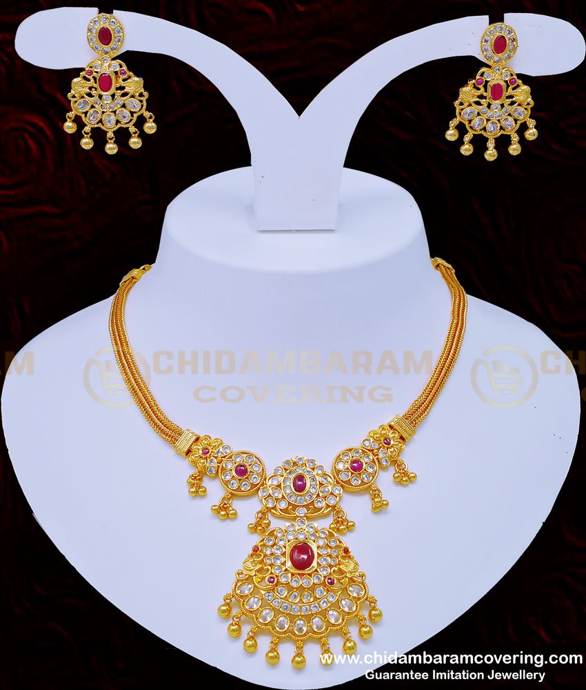 ad stone jewellery, white stone necklace, white stone jewellery, necklace set, necklace with earrings, one gram gold jewellery, gold covering jewellery, cz stone necklace, ad stone necklace,