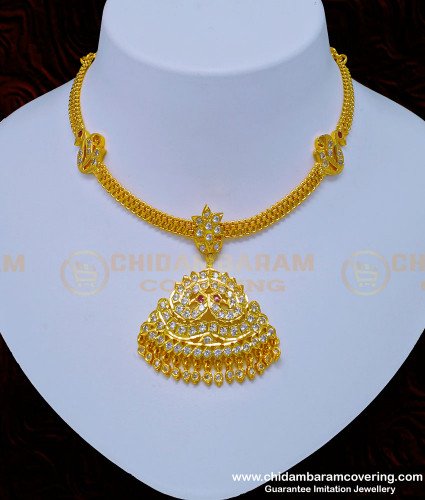 NLC925 - 1 Gram Gold Impon Peacock Dollar with Swan Attached Chain Stone Impon Necklace Online