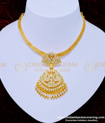 NLC928 - Real Gold Design Five Metal White Stone Swan Model Stone Attigai Necklace Online 