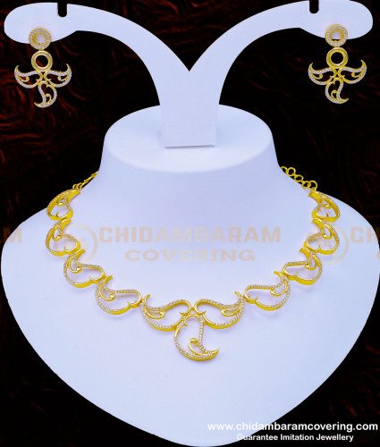 NLC944 - Elegant Leaf Design White Stone Never Fade Party Wear Sri Lankan Necklace with Earrings