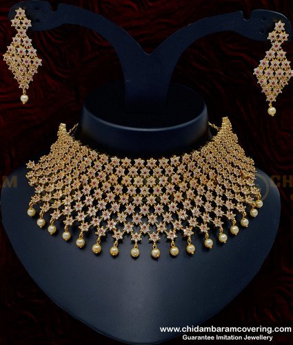 NLC951 - Bollywood Indian Bridal Ad Stone White and Ruby Choker Necklace with Earrings Set