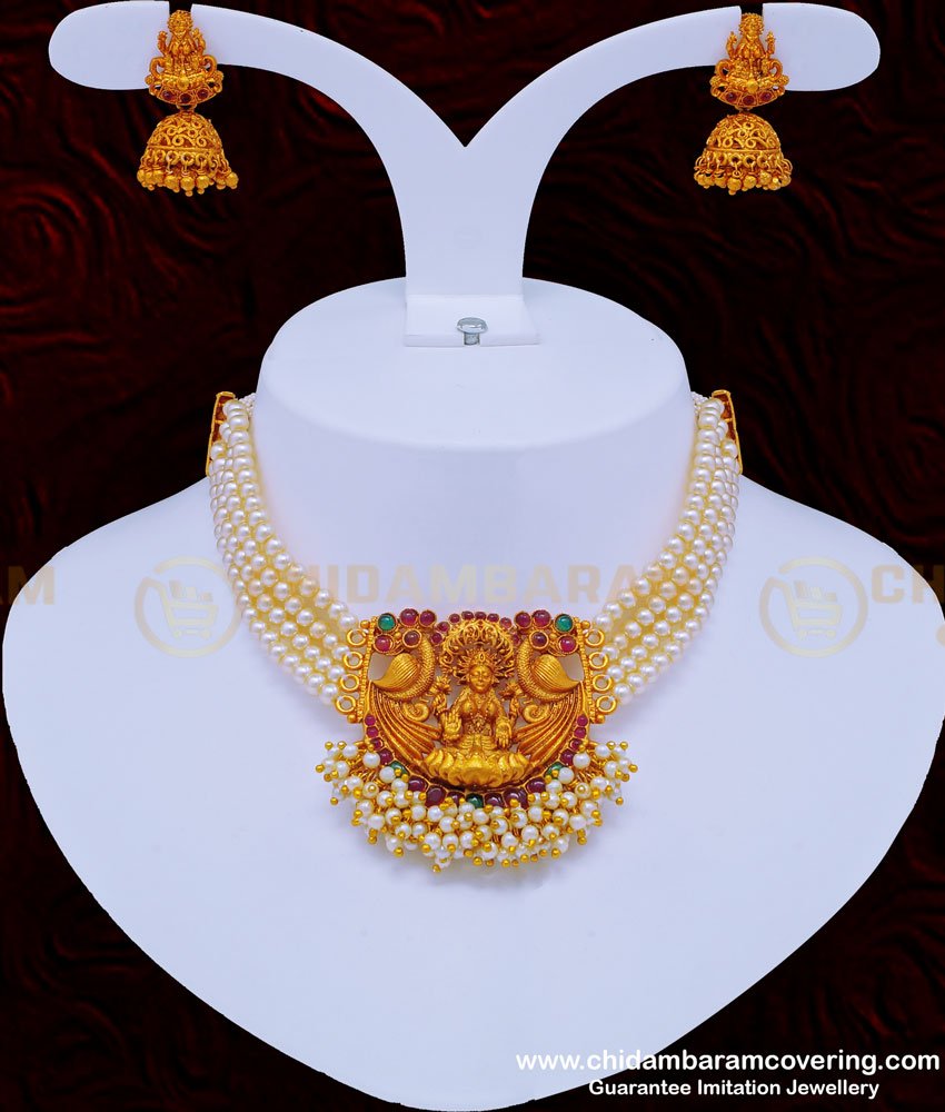 fashion-jewellery-temple-necklace-negas-necklace-nagas-jewellery-temple-jewellery-antique-jewelry,Lakshmi necklace with price, pearl necklace set,