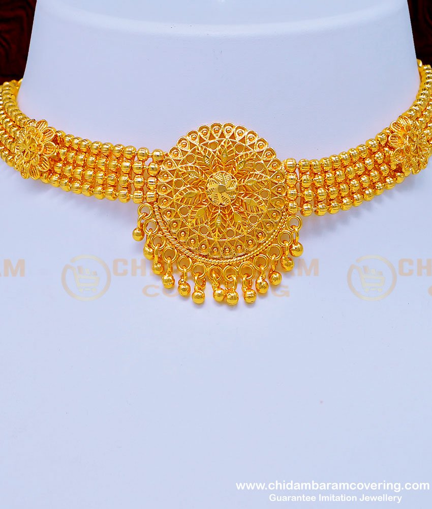 one gram gold jewellery, one gram gold necklace, gold covering necklace, gold plated necklace, ball necklace, simple necklace, necklace in gold, 