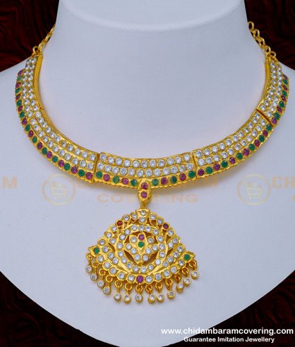 NLC989 - Beautiful Impon 3 Line Multi Stone Gold Design Bridal Attigai Necklace Impon Jewellery Online