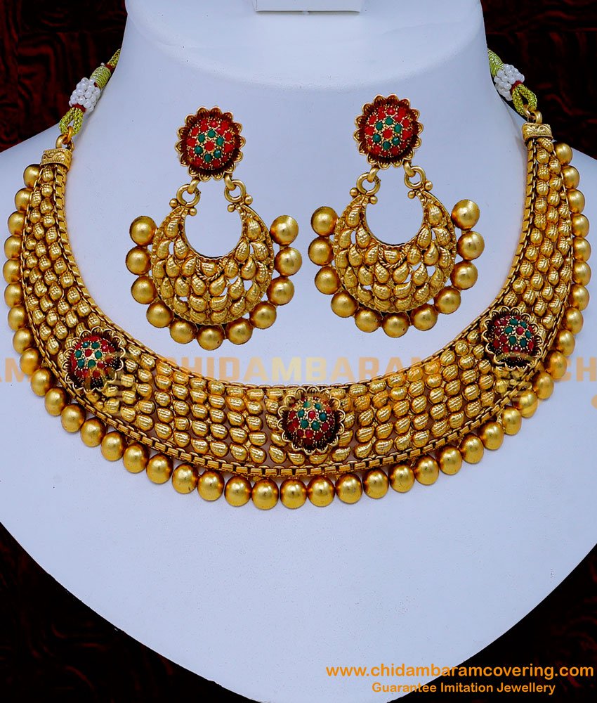 Antique necklace, Antique Choker Necklace Artificial, indian antique jewellery online shopping, Gold Antique choker Set, Antique Choker Set online,