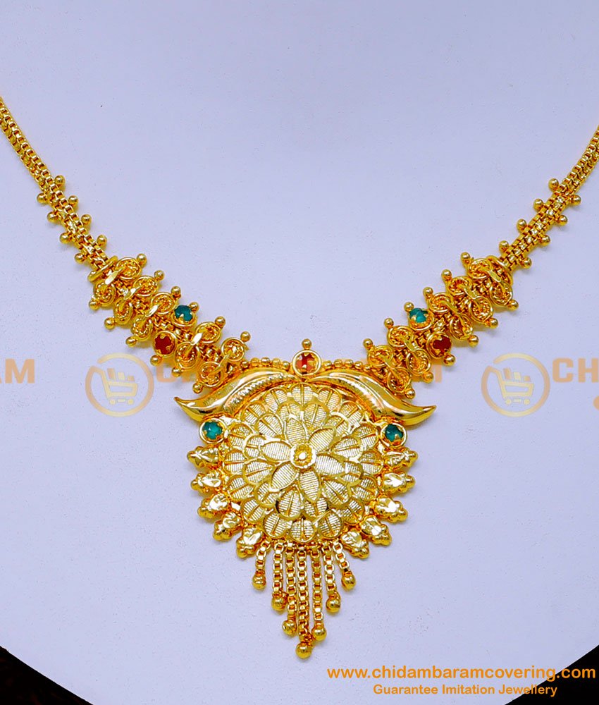 1 gram gold necklace design, stone necklace design, gold plated necklace for wedding, imitation jewelry, bridal necklace, traditional necklace, south indian necklace, traditional stone necklace designs