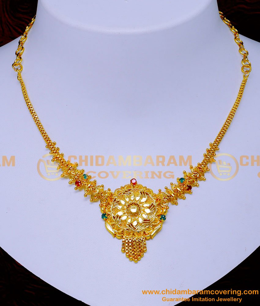 1 gram gold necklace online shopping, stone necklace design, gold plated necklace for wedding, imitation jewelry, bridal necklace, traditional necklace, south indian necklace, traditional stone necklace designs