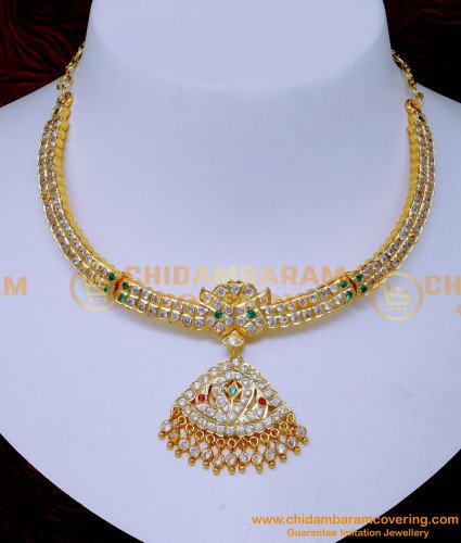 NLC1530 - Wedding White and Green Stone Attigai Necklace Design