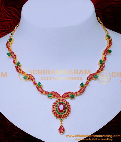 NLC1544 - Elegant Ruby Emerald Necklace Gold Design for Women