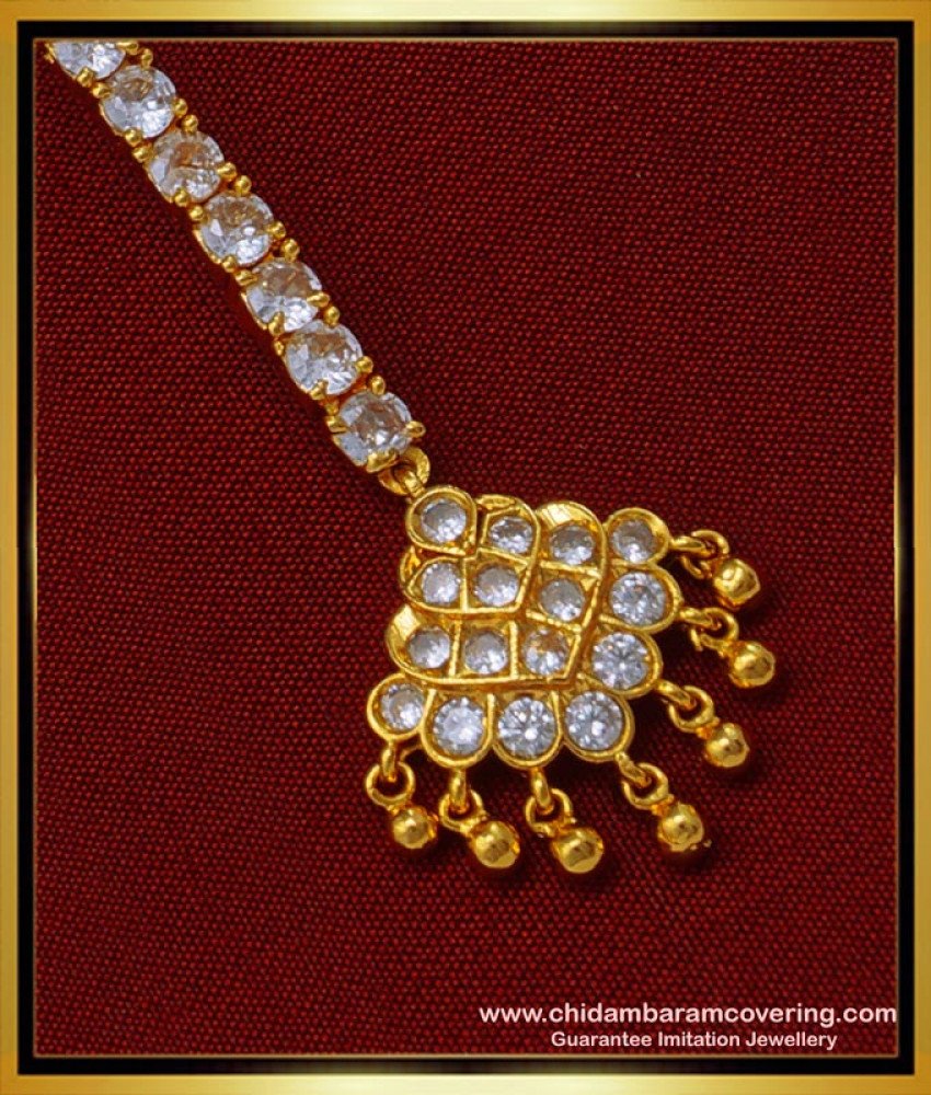 pearl maang tikka, maang tikka, 1 gram gold jewellery, new model maang tikka, nethi chutti, 