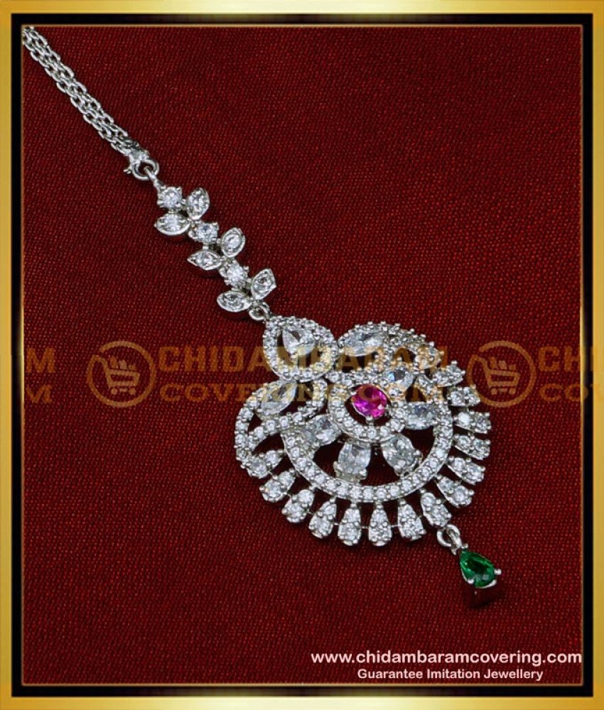 Elegant Simple Silver White Stone Maang Tikka for Bride 