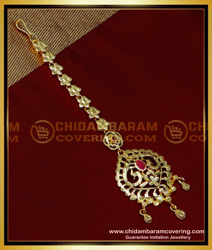  gold plated maang tikka online, bridal maang tikka,1 gram gold maang tikka design, nethi chutti for wedding, Papidi billa For brides