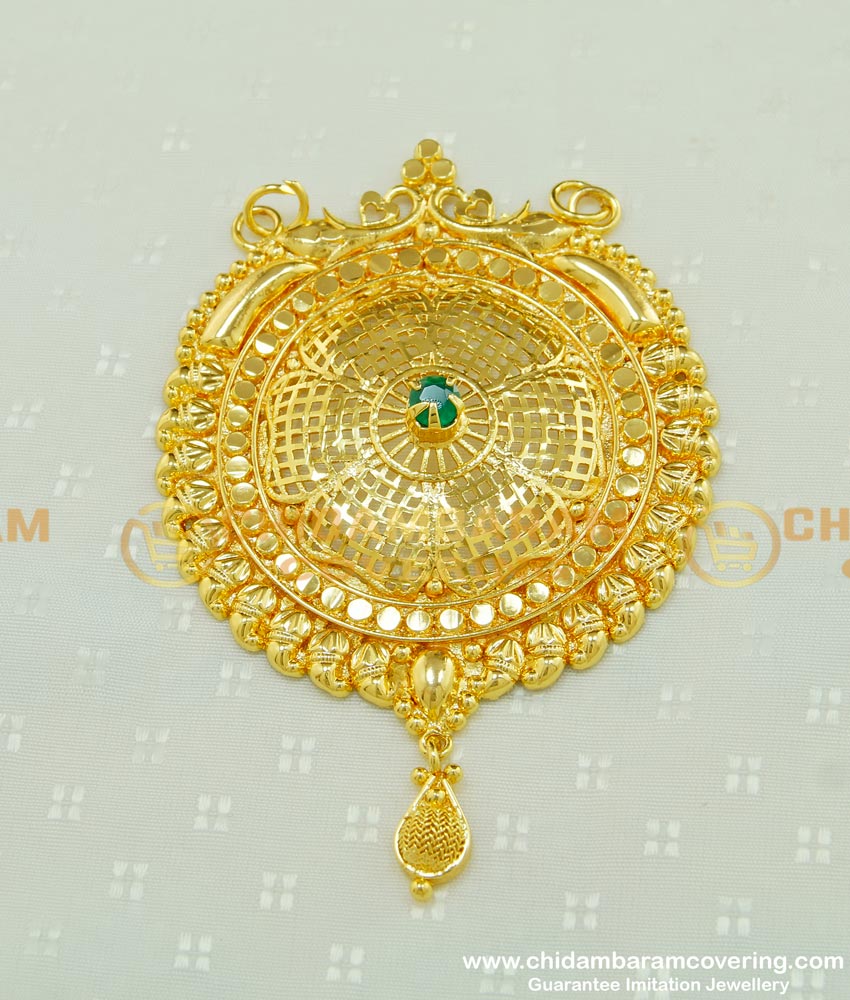 PND043 - Latest Emerald Stone Gold Plated Big Pendant Flower Design Round Dollar Collections