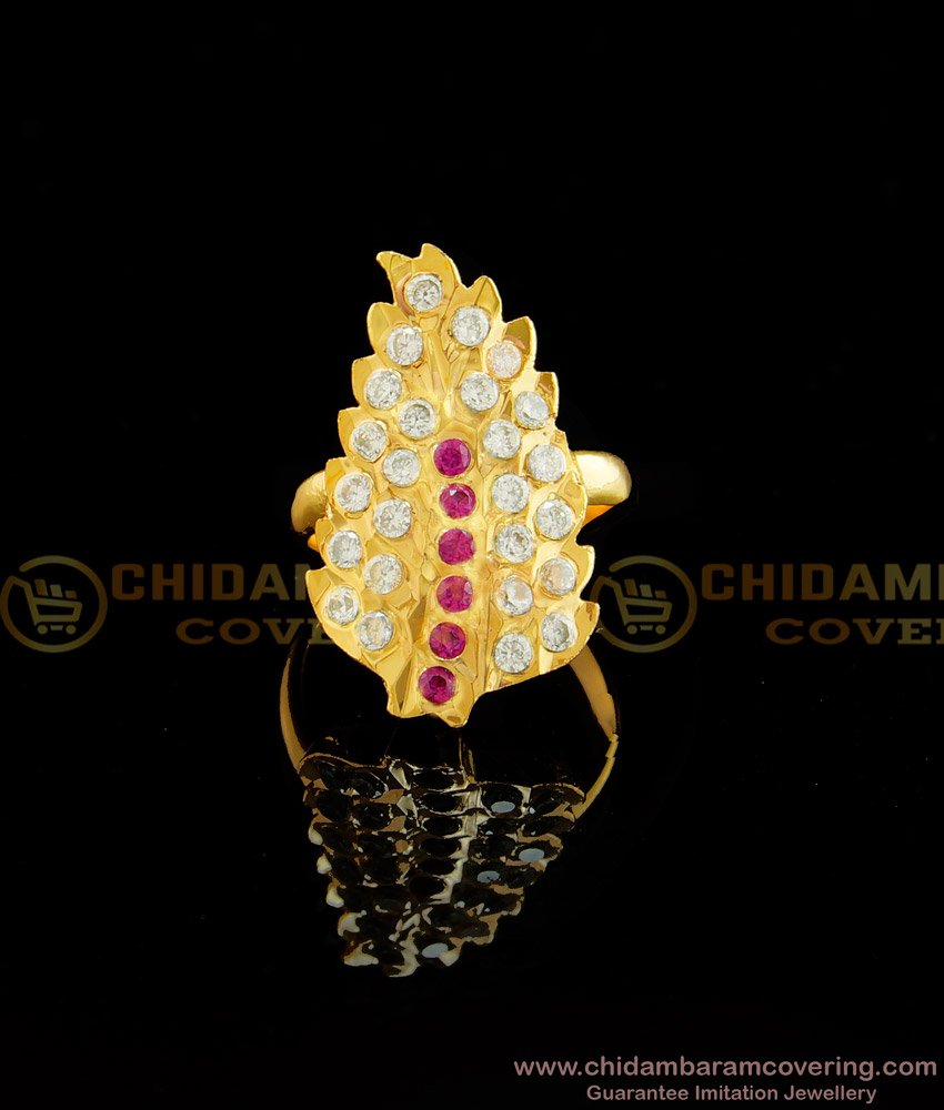 RNG033 - Impon Classic Leaf Design White and Ruby Stone Gold Plated Ring for Women 