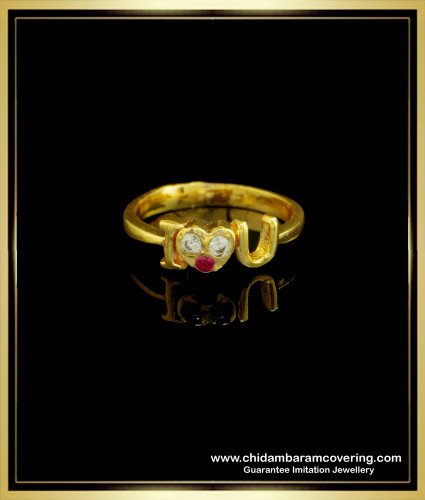 RNG165 - Pure Impon Gold Ring Design White and Ruby Stone Heart I Love You Ring for Girls 