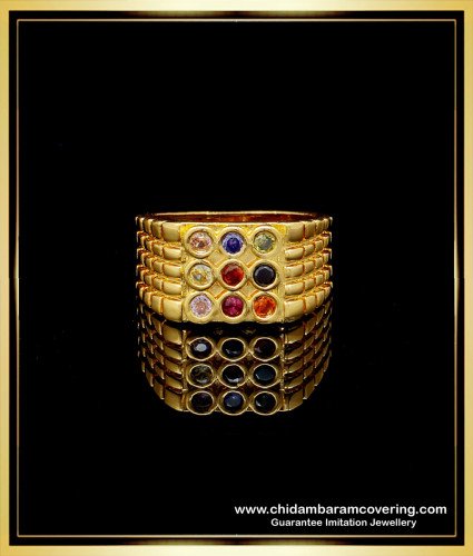 RNG208 - Latest Impon Navaratna Gold Ring Design Gold Plated 9 Stone Ring for Men 