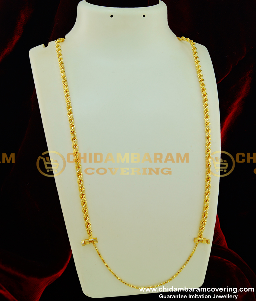 THN34-LG - 30 Inches Long Screw Lock Gold Rope Chain Design Thali Saradu Chain Indian Imitation Jewellery